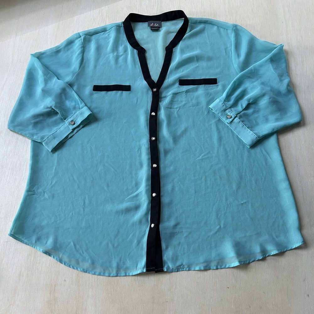 Dots Blouse Womens 3X Blue Sheer Chiffon Button Front Tunic Top 3/4 Sleeve